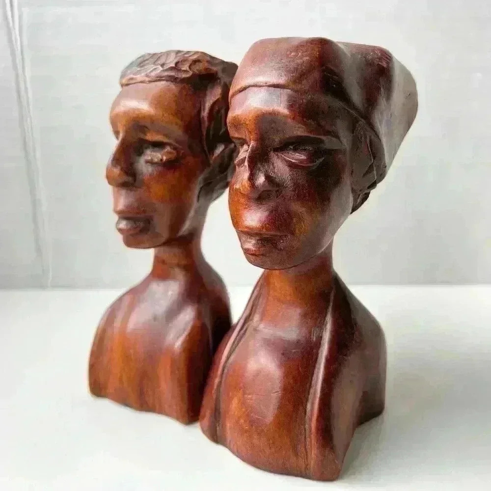 Vintage Hand Carved Wood Sculptures Man & Women Couple Bust African folk art